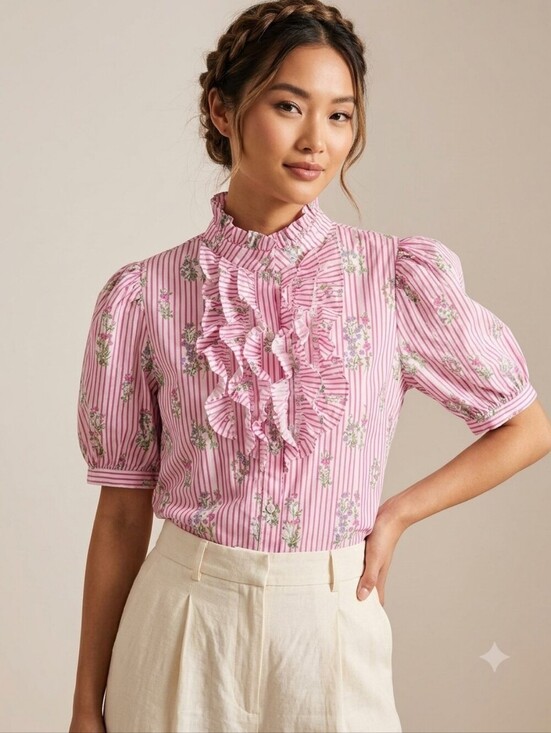 entro Tops - entro Pink Striped Floral Ruffle Blouse